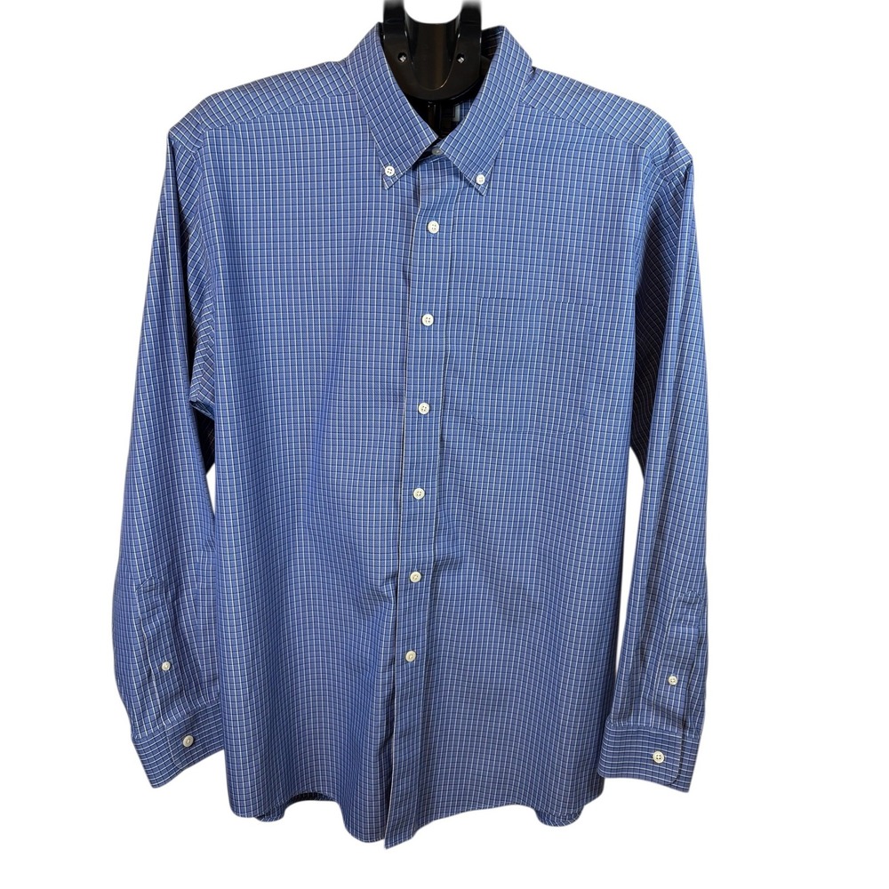LLBean Wrinkle Resistant Mens Button Down Shirt Blue Plaid Long Sleeve L-REG